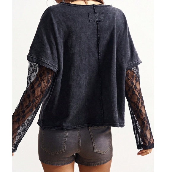 Women's Black Lace-Sleeve Long Sleeve Tee - Picture 6 of 6